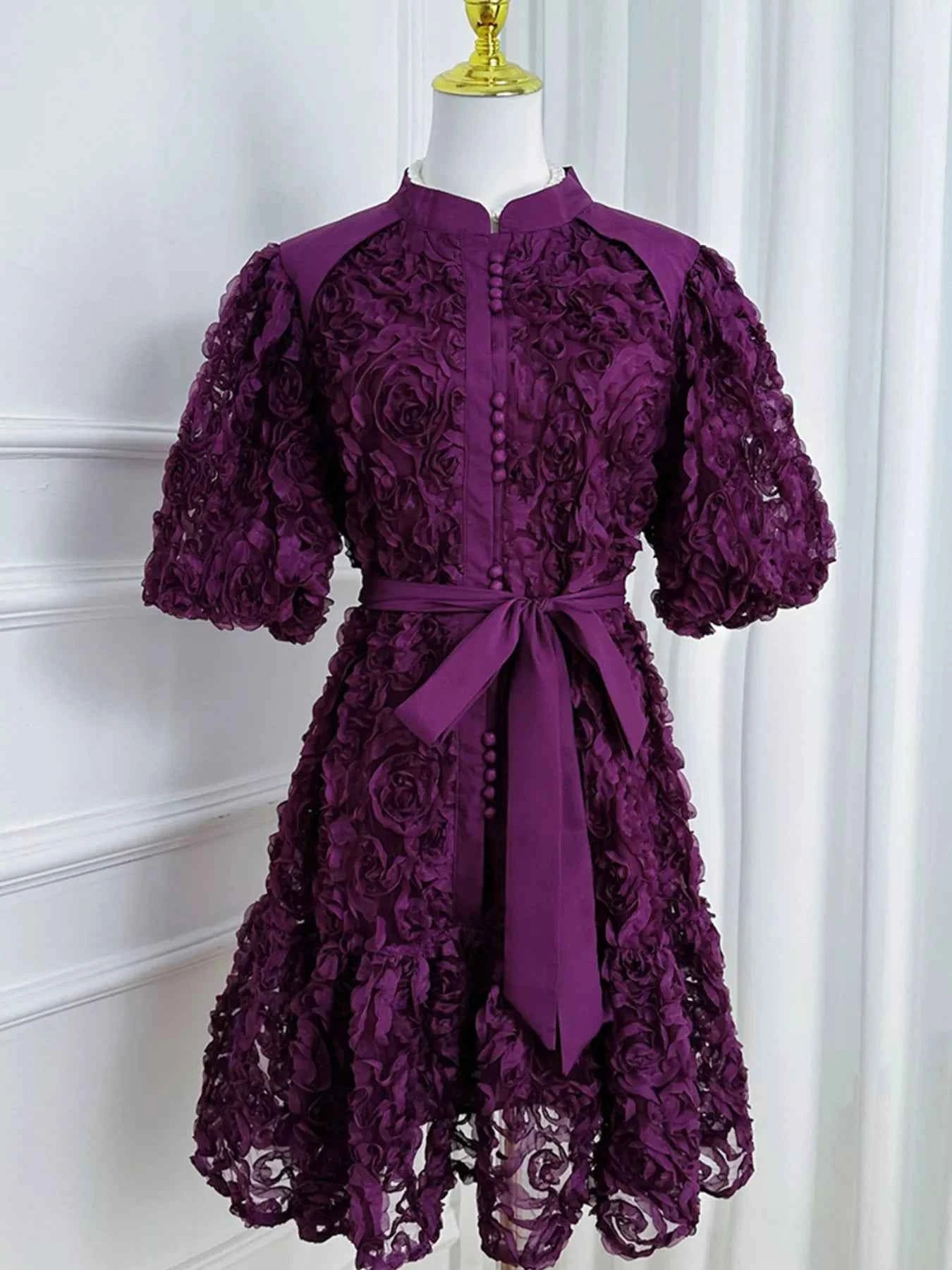 Flower Embellished Puff Sleeve Dress
