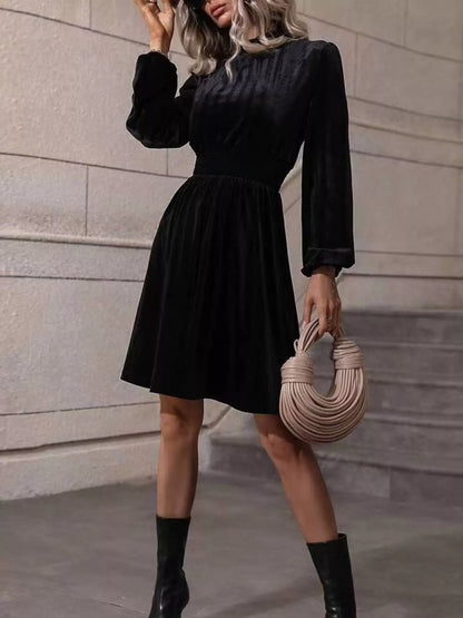 Velvet High Neck Long Sleeve A-Line Dress