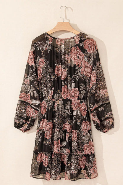 Floral Print Tie Neck Mini Dress