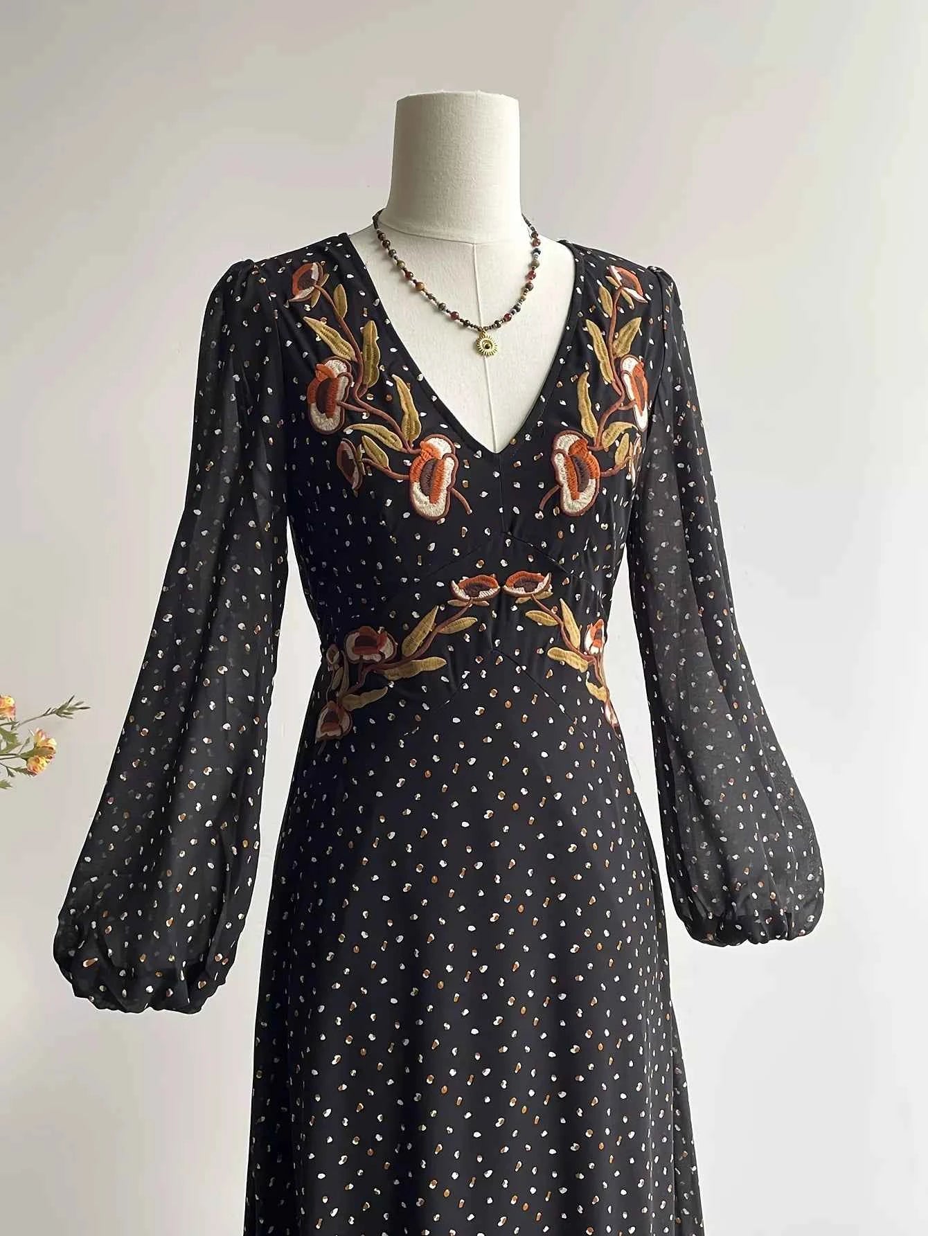 Plus Size Floral Embroidered Polka Dot Maxi Dress