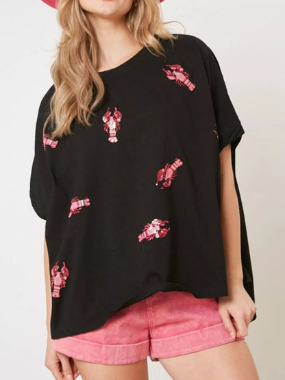 Sequin Lobster Round Neck T-Shirt