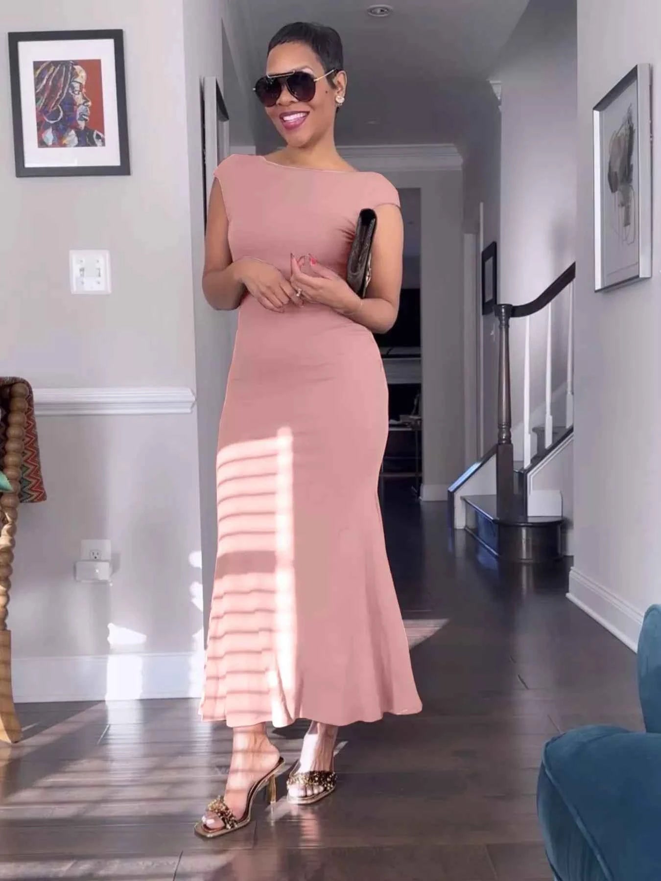 Backless Cap Sleeve Maxi Dress