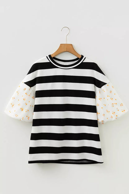 Stripe Floral Print Puff Sleeve Patchwork Blouse