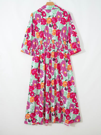 Vibrant Floral Print V Neck Zip Up Puffy Half Sleeve Dress
