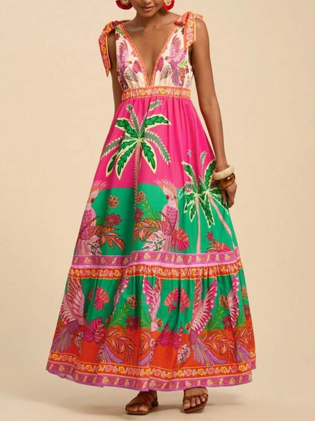Tropical Print Tie-Shoulder Maxi Dress