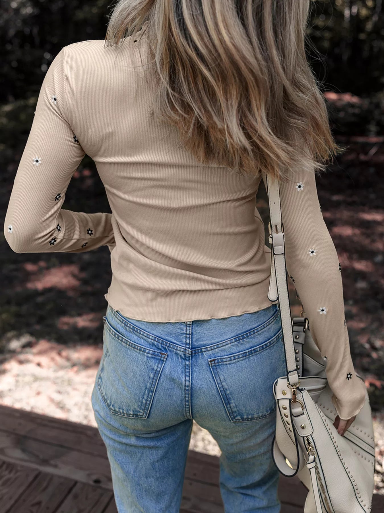 Floral Embroidered Detail Ribbed Long Sleeve Top