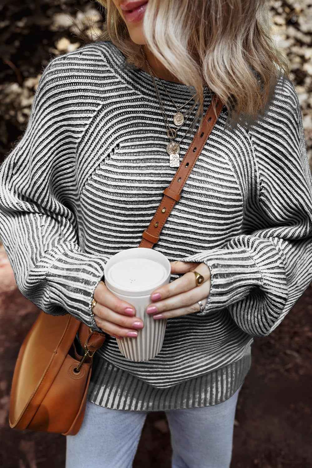 Textured Striped Round Neck Long Sleeve Top Lojy Shop