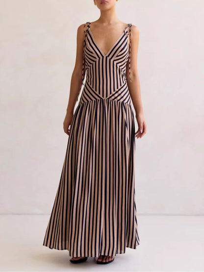 Striped V-Neck Tie-Shoulder Maxi Dress
