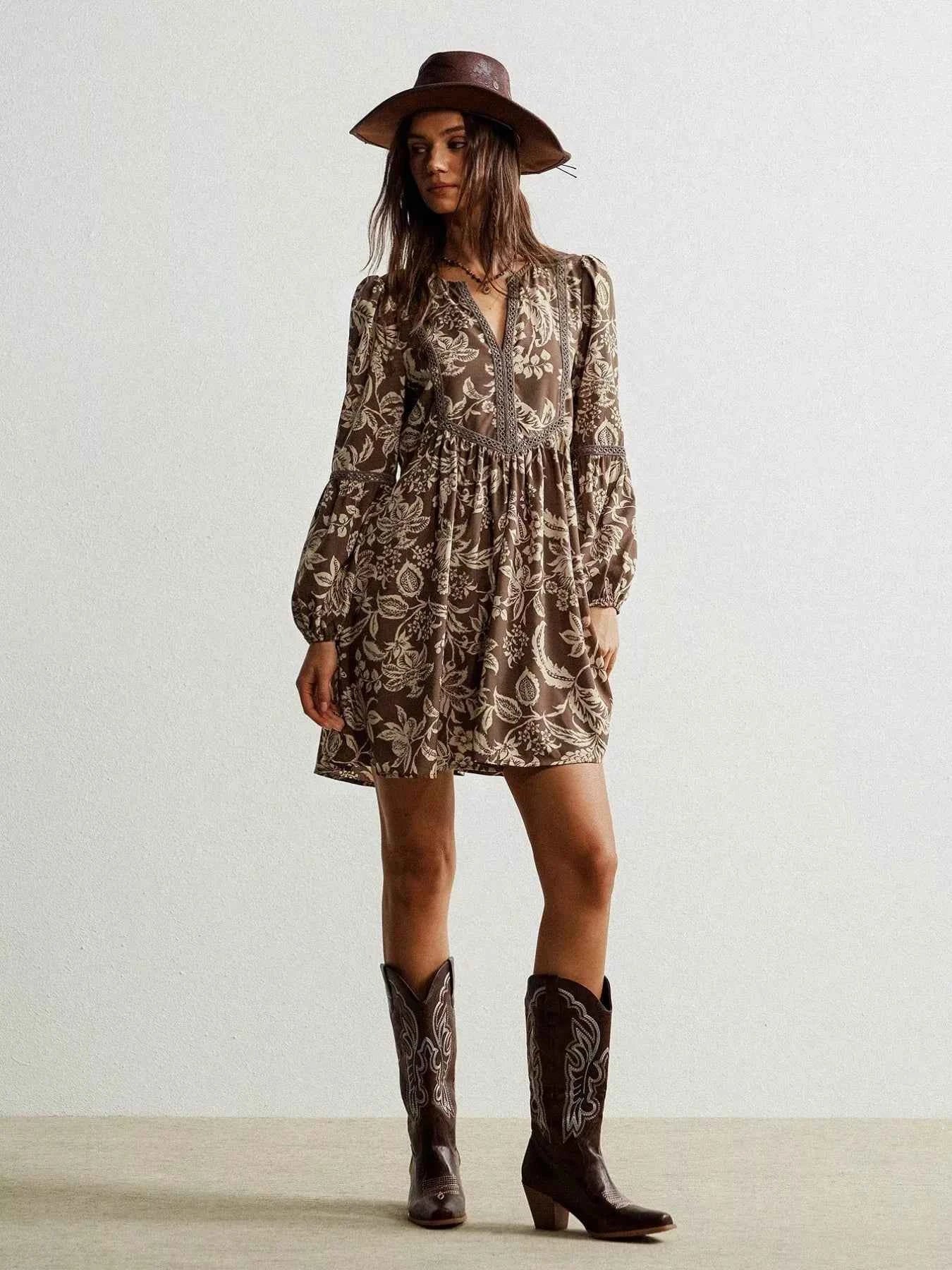 Plus Size Printed Notched Long Sleeve Dress