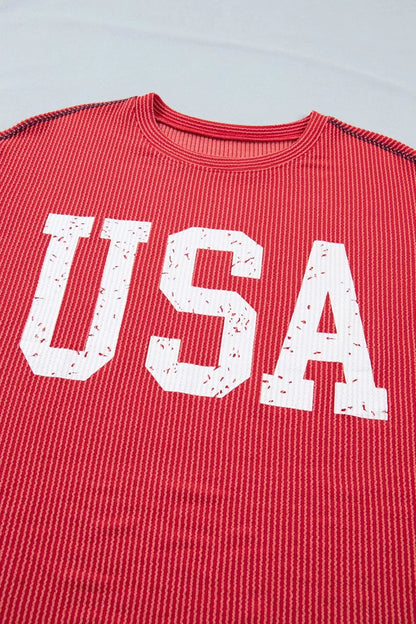 Twisted Rib Vintage USA Letter Printed T Shirt
