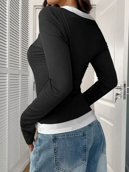 Scoop Neck Long Sleeve Fake Two-Piece T-Shirt