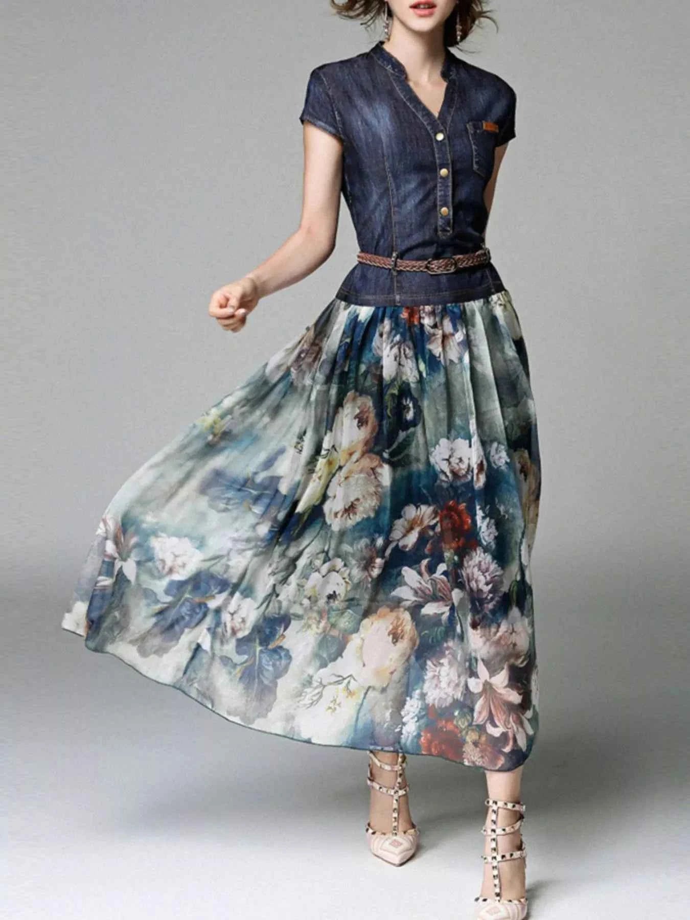 Full Size Patchwork Floral Print Chiffon Dress Plus Size