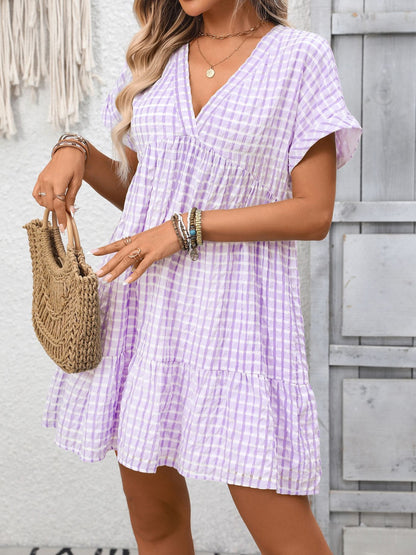 Plaid V-Neck Ruffle Hem Mini Dress