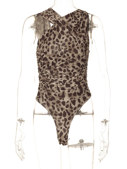 Asymmetrical Neck Leopard Bodysuit