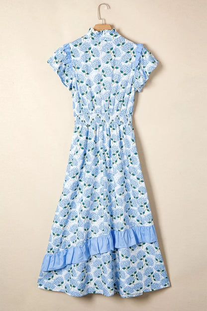 Hydrangea Floral Print Ruffle Trim Flutter Sleeve Dress