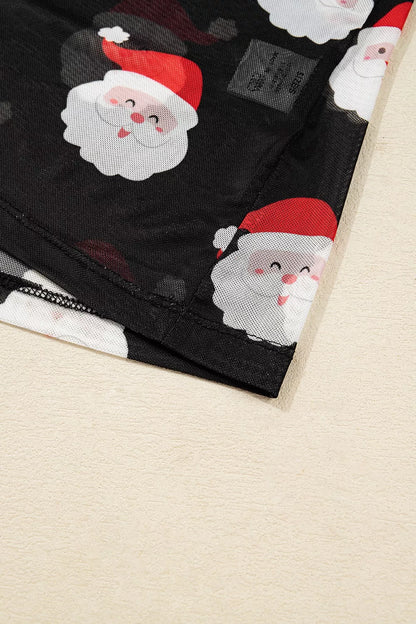Christmas Santa Print Mesh Long Sleeve Top