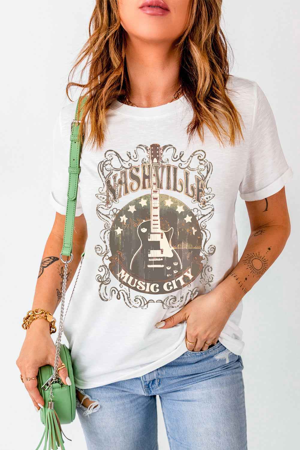 Guitar Graphic Round Neck Short Sleeve T Shirt Lojy Shop