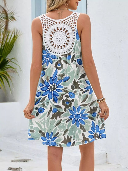 Floral Print V-Neck Crochet Back Mini Dress