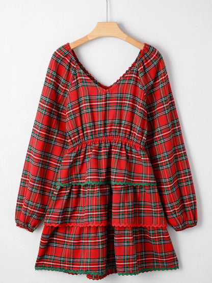 Plaid Print Ricrac Tiered Bubble Sleeve Mini Dress