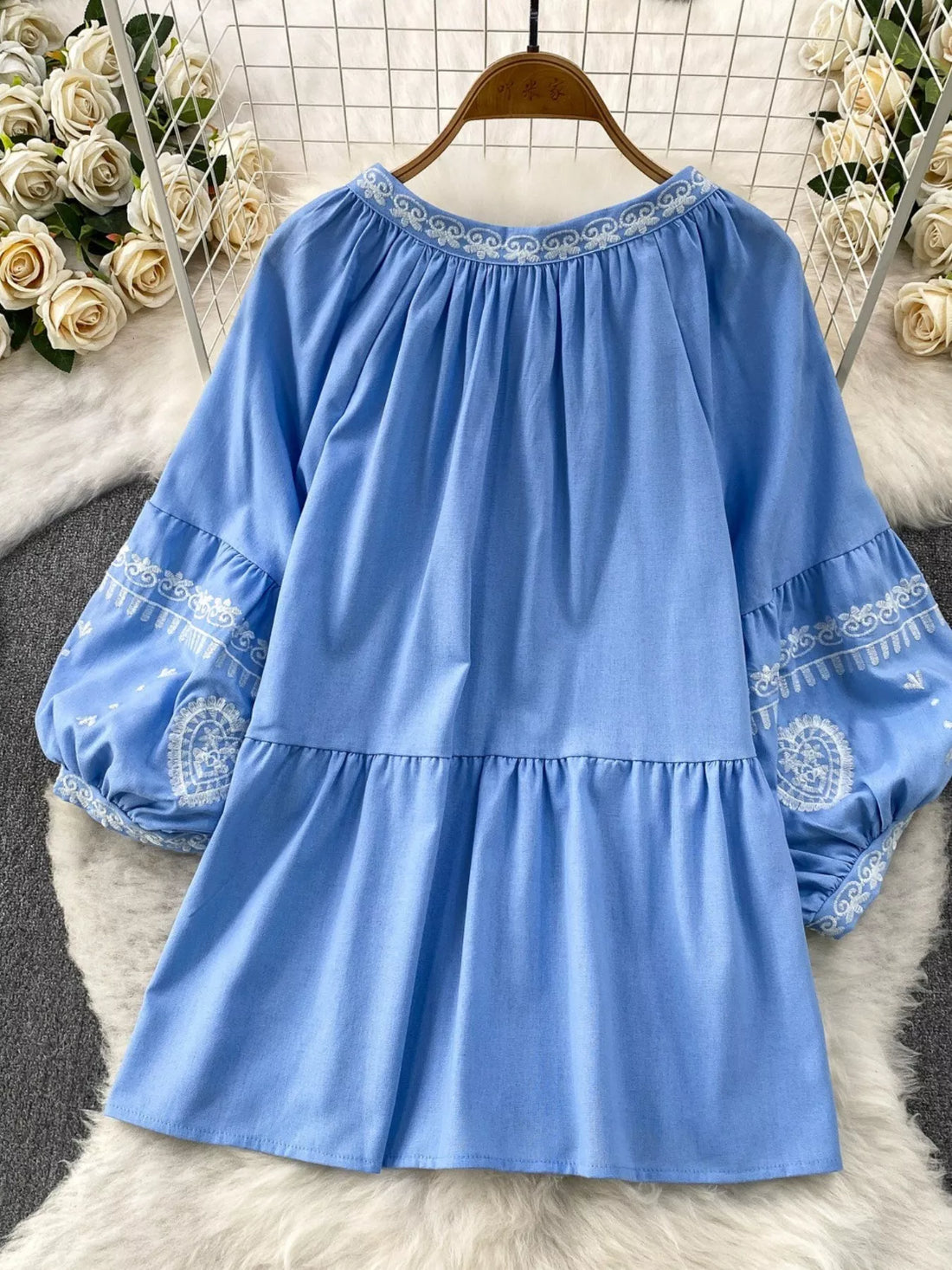 Embroidered Tie Neck Blouse