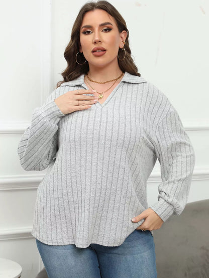 Plus Size Ribbed Knit Polo Collar T-Shirt