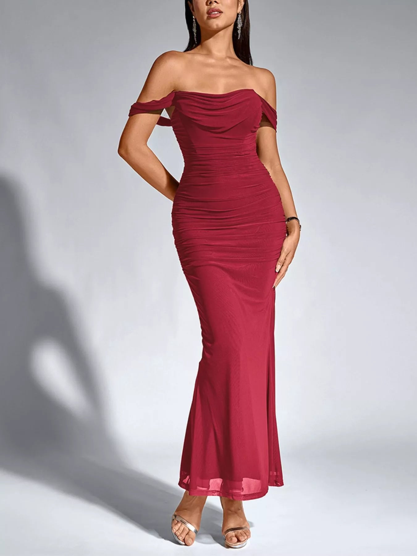 Off-Shoulder Ruched Mermaid Maxi Dress
