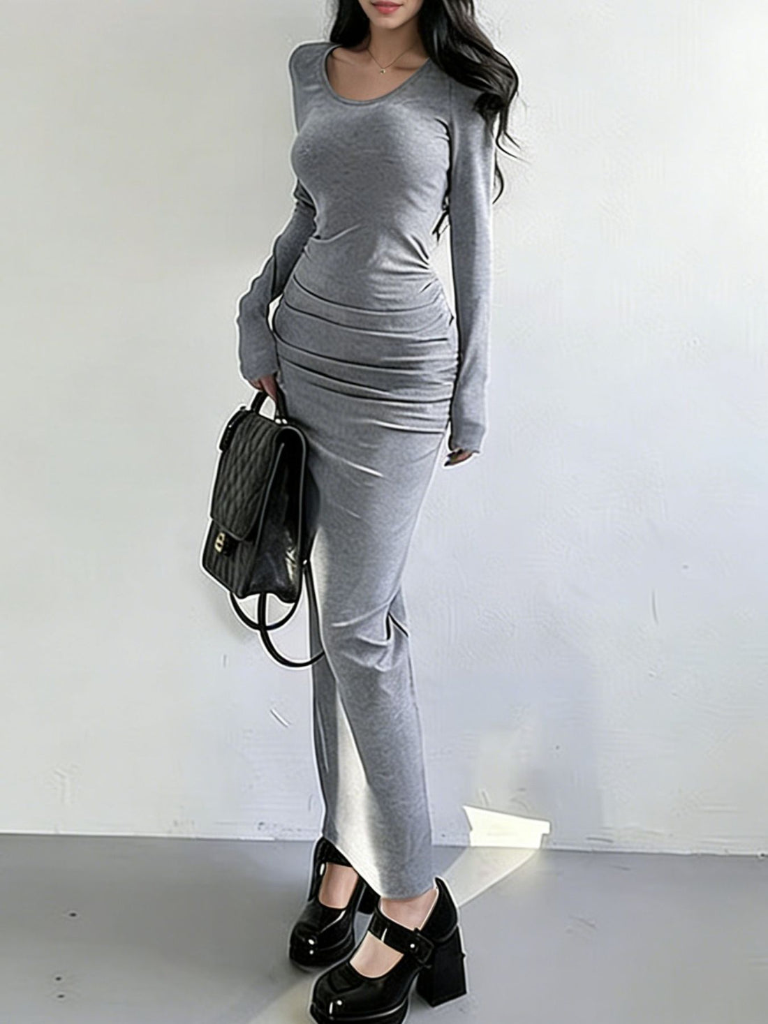 Slit Long Sleeve Bodycon Maxi Dress