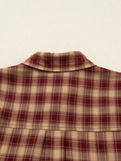 Plaid Print Ruffled Long Sleeve Patchwork Hem Mini Shirt Dress