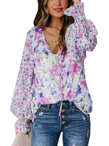 Full Size Floral Print Smocked Cuff Blouse Plus Size