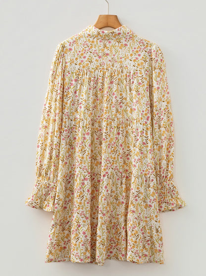 Floral Print Frilly Trim Smocked Cuff Long Sleeve Loose Shirt Dress