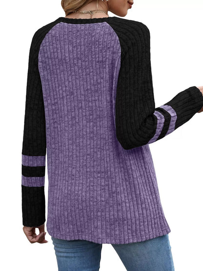 Ribbed Round Neck Raglan Sleeve Top