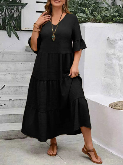 Plus Size Ruffle Sleeves Tiered Midi Dress