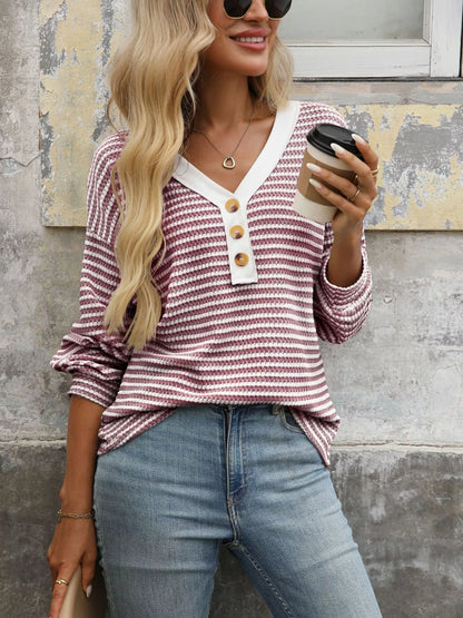 Striped Button Detail Long Sleeve T-Shirt