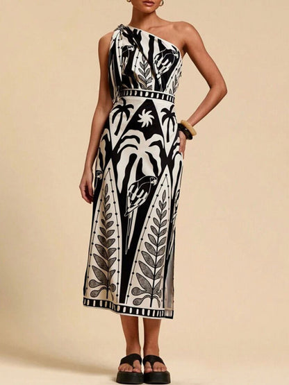 One-Shoulder Tropical Print Midi Dress