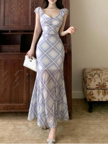 Plaid Ruffle Cap Sleeve Bodycon Maxi Dress
