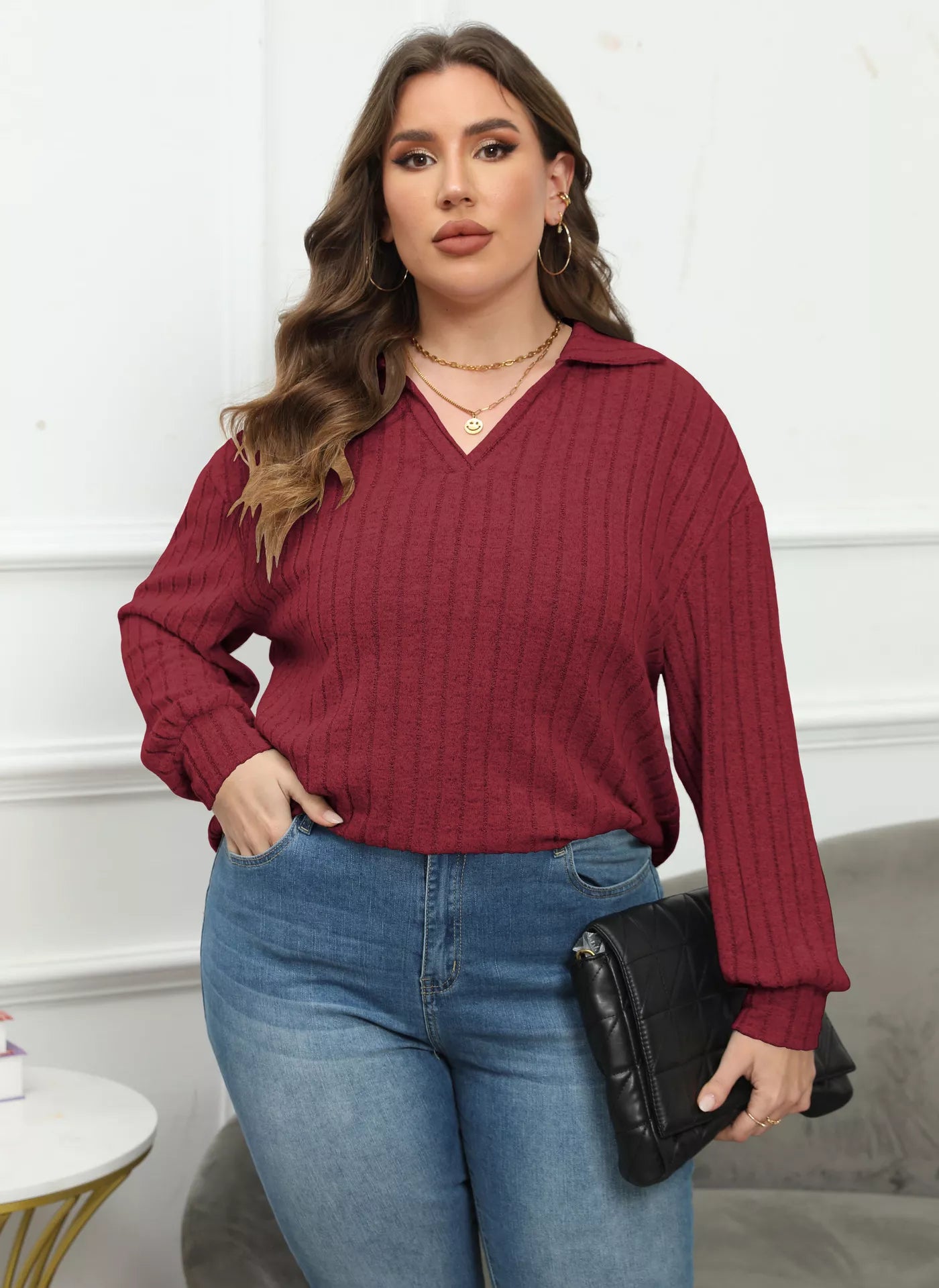 Plus Size Ribbed Knit Polo Collar T-Shirt