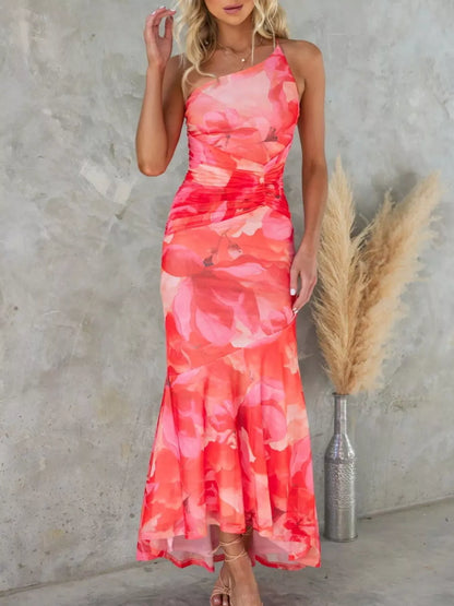 Floral Print One-Shoulder Ruched Maxi Dress