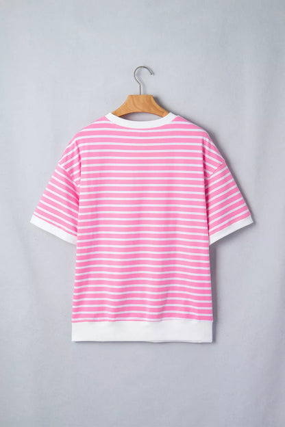 Stripe Round Neck Drop Shoulder Short Sleeve Loose Top