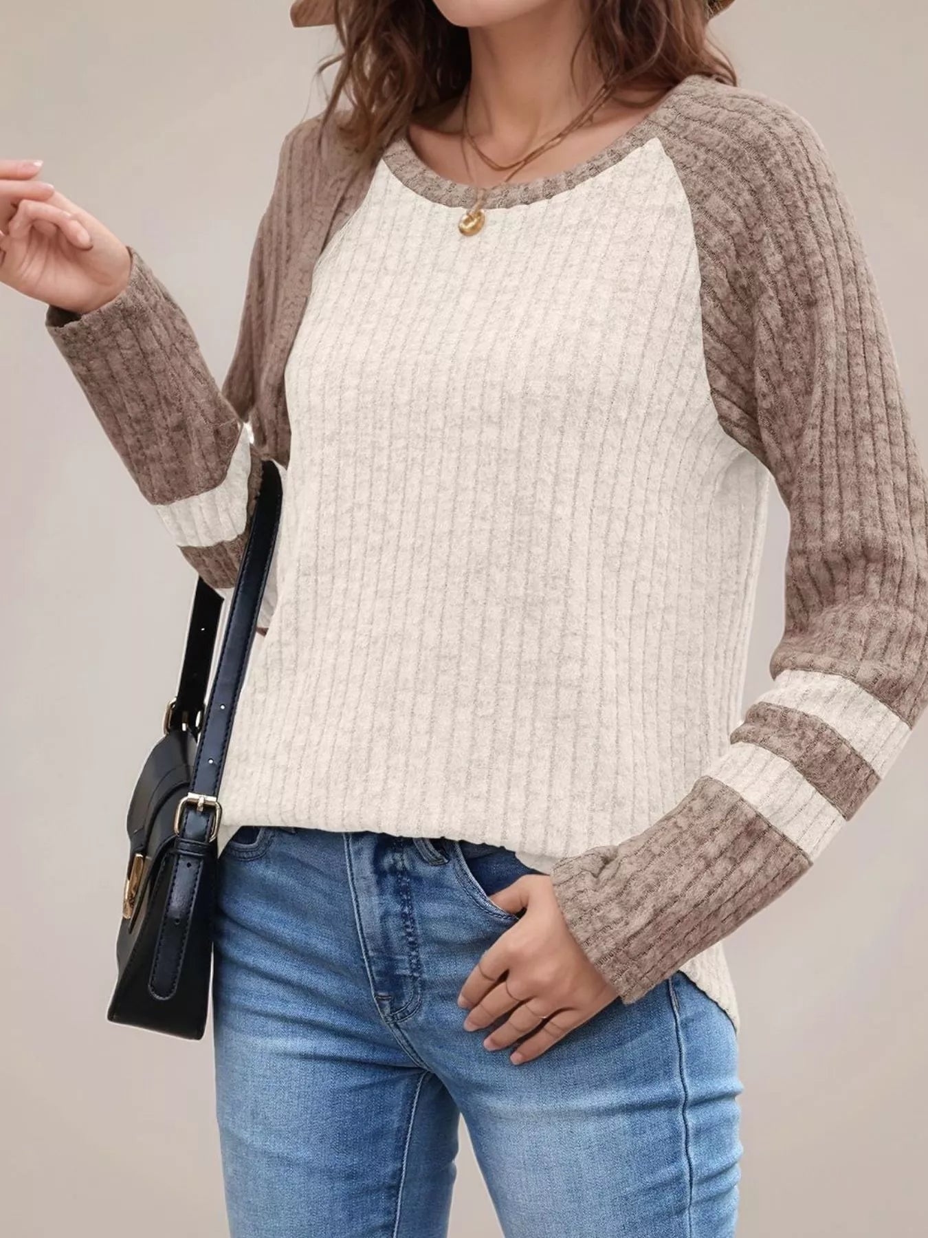 Ribbed Round Neck Raglan Sleeve Top