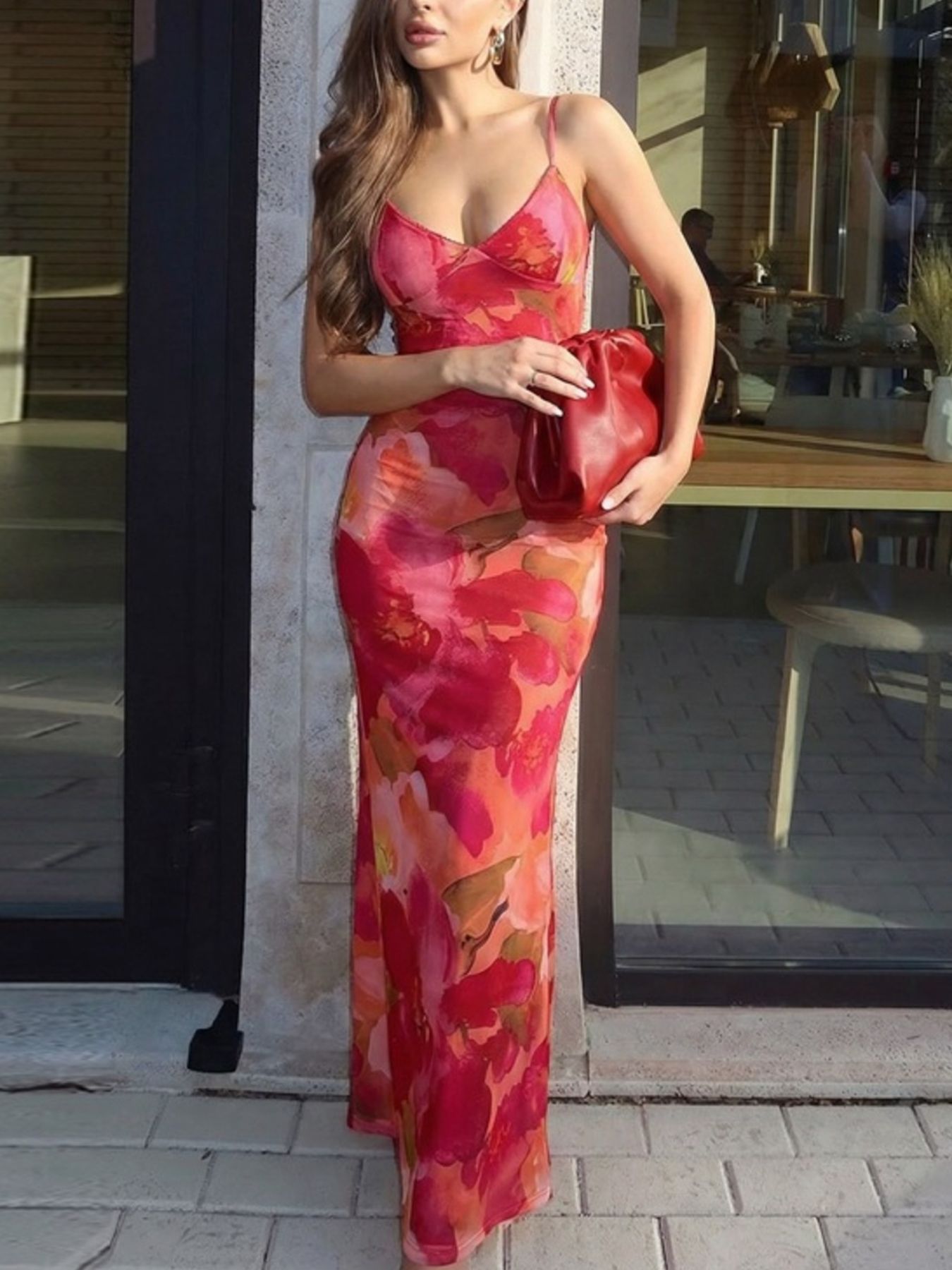 Floral Print Spaghetti Strap Bodycon Maxi Dress