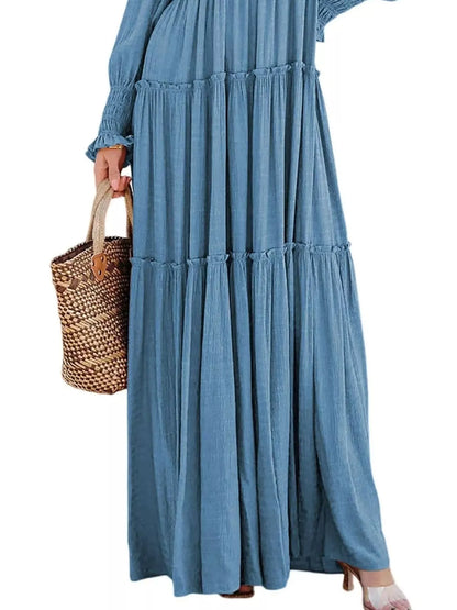 V-Neck Long Sleeve Tiered Maxi Dress