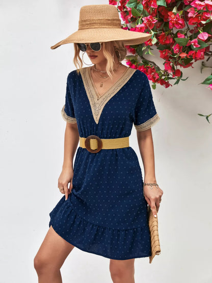 V-Neck Swiss Dot Ruffle Hem Mini Dress