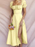 Puff Sleeve Tie Front Slit Midi Dress
