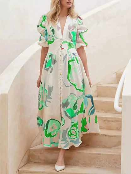 Full Size Abstract Print Puff Sleeve Midi Dress Plus Size