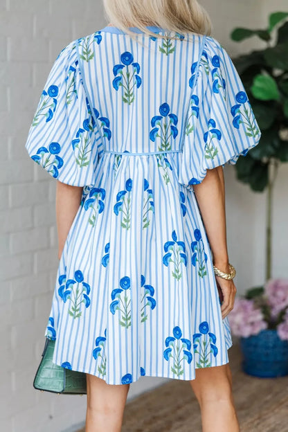 Floral Striped Print Tie Notched Neck Puff Sleeve Flared Mini Dress