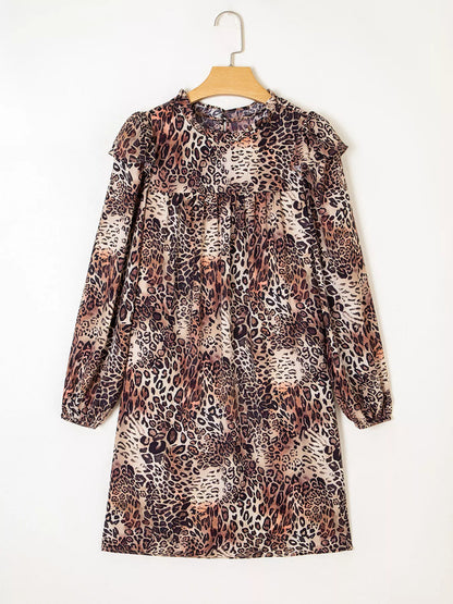 Leopard Ruffled Detail Long Sleeve Loose Mini Dress