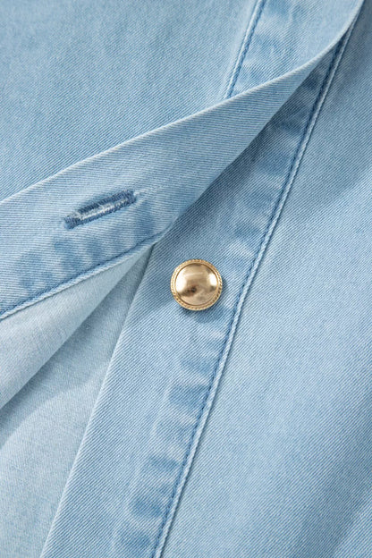 Full Buttons Collared Short Bubble Sleeve Long Denim Dress