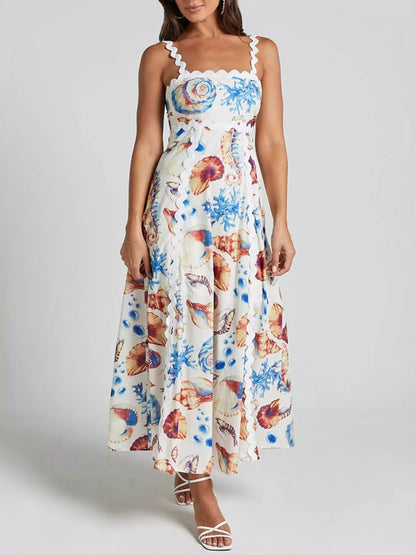 Seashell Print Scalloped Midi Dress