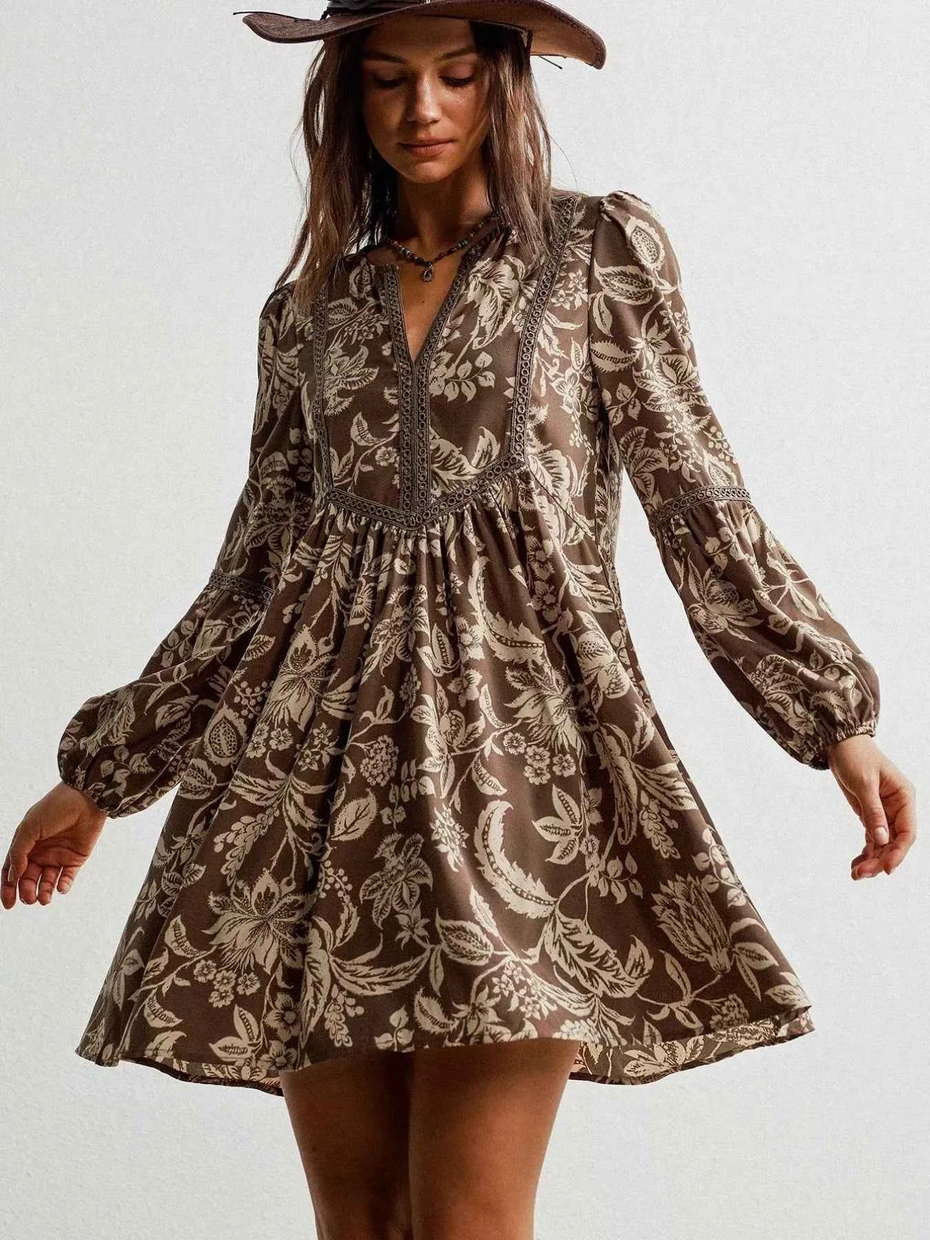 Plus Size Printed Notched Long Sleeve Dress