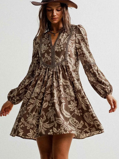 Plus Size Printed Notched Long Sleeve Dress